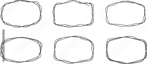 Set of hand-drawn abstract frames with overlapping wavy loops forming organic rounded and square shapes in minimalist black outline. 