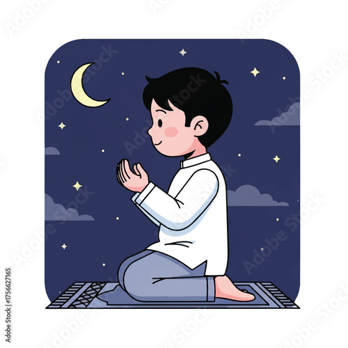Boy Praying at Night A Moment of Faith and Devotion.