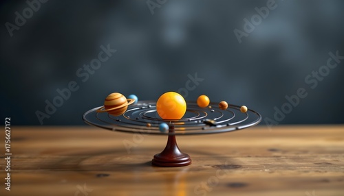 miniature solar system model with planets orbiting the sun, ideal for astronomy education, space theme, subject positioned at the bottom with clear copy space above under studio lights.
