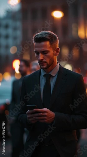 Caucasian Businessman in a Suit is Using a Smartphone on Dark Street in the Evening. Other Office People Walk Past