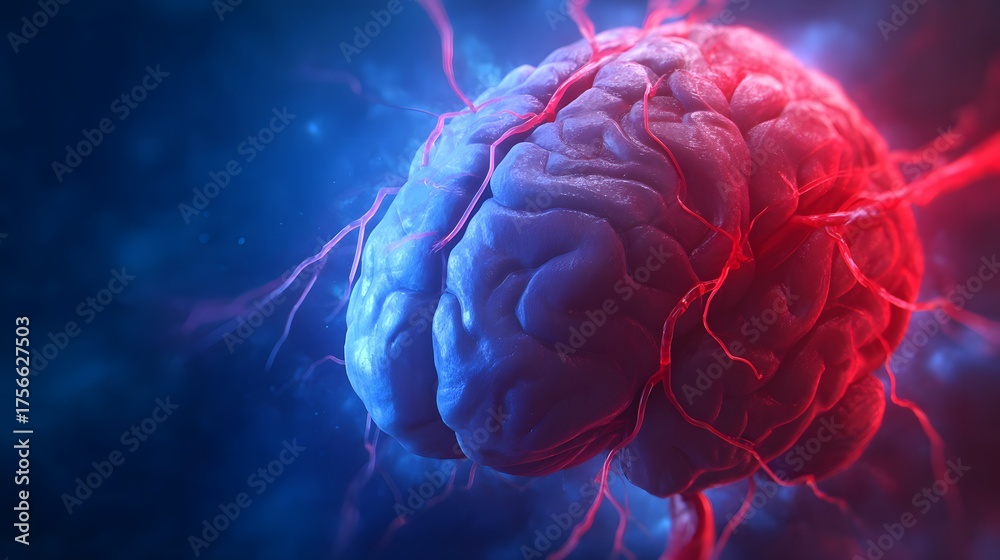 Obraz premium Vivid brain activity visualized with glowing red blood vessels against dark blue.