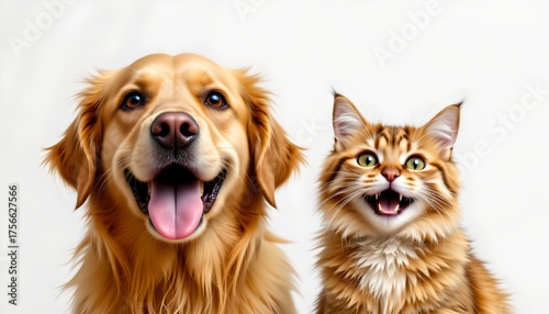 close up portrait of a joyful golden retriever dog and a happy cat on a white background, perfect for pet care and veterinary concepts