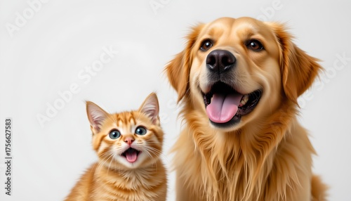 close up portrait of a joyful golden retriever dog and a happy cat on a white background, perfect for pet care and veterinary concepts