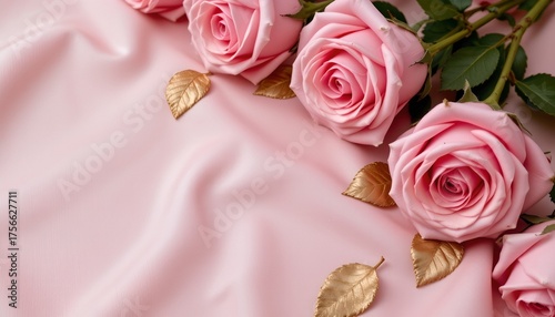 top down view of elegant pink roses on soft silk fabric with gold leaves in steampunk style, perfect for bridal shower decor or romantic design