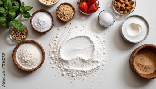 overhead view of assorted white powder ingredients on pristine kitchen counter, culinary creativity, healthy eating, and baking concept, modern food photo with simple presentation