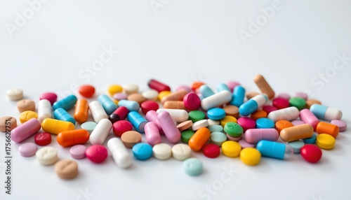 colorful pills and capsules in clear containers on reflective surface, pharmaceutical diversity and healthcare innovation concept, bottom position with copy space at the top, flat design style.