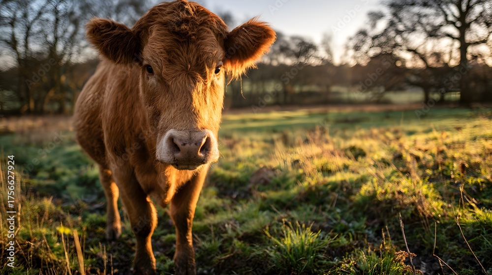 Fototapeta premium Brown cow stands in a grassy field at sunset with warm light.