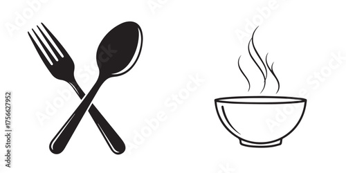 Minimalist Black Utensils and Steaming Soup Bowl Graphic Icons
