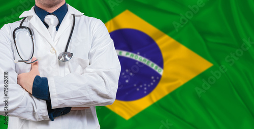 Papier peint Male doctor with stethoscope on Brazil flag