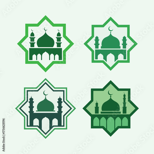 Four green Islamic mosque logos with star patterns symbol architecture