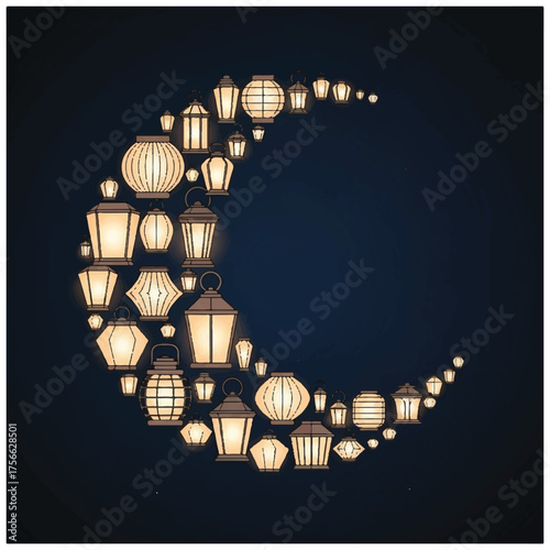 A beautiful crescent moon shape composed of many glowing lanterns.