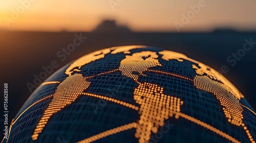 The image shows a stylized blue and gold globe with interconnected nodes, representing global connectivity against a blurry sky at sunset.