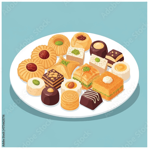 Delicious assortment of Middle Eastern pastries on a white plate.
