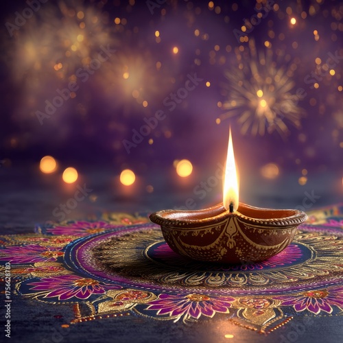 Diwali lamp with colorful rangoli and fireworks in the background