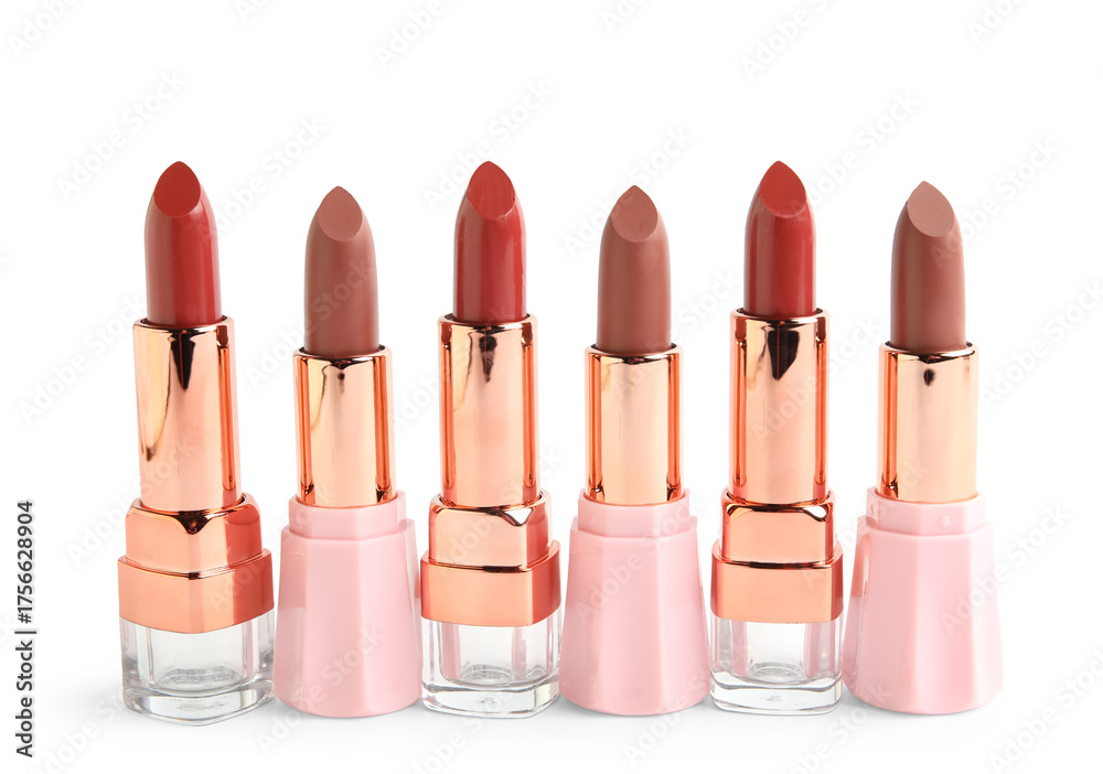 Obraz premium Set of different lipsticks on white background