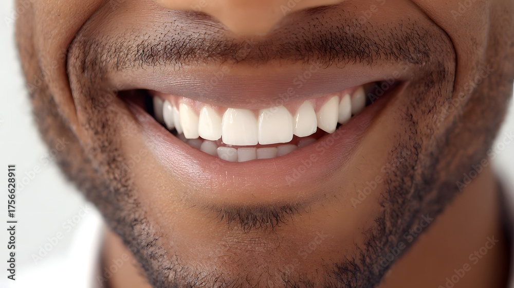 Naklejka premium Man's close-up smile reveals white, healthy teeth and dark stubble.