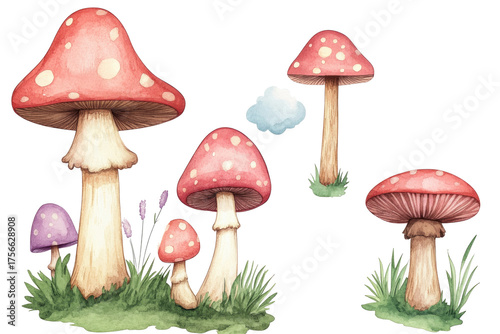 Watercolor hand-drawn mushrooms and clouds, vector illustration on a white background with a set of different signboard clipart.

