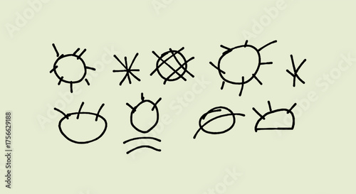 Collection of simple hand drawn symbols and icons on a light background
