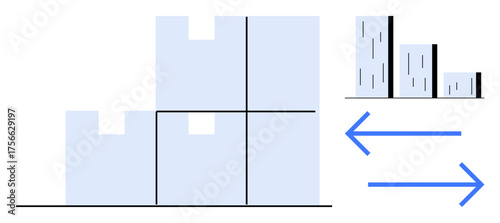 Stacked blocks forming a chart, smaller bar graph transitioning, blue arrows showing flow. Ideal for analysis, comparison, data transformation, charting, workflow, strategy simple flat metaphor