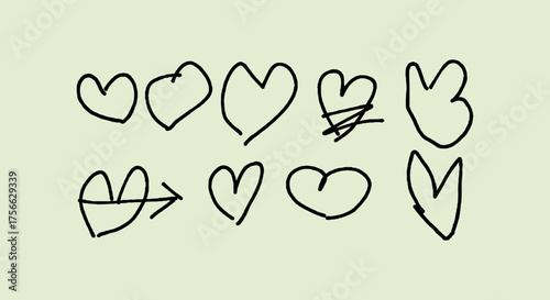 Collection of hand drawn heart shapes on a light yellow background
