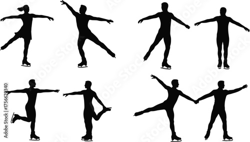 Figure skating silhouette, ice dancers, graceful poses, winter sport, athletic movement, pair skating, solo skater, vector art, balance, coordination