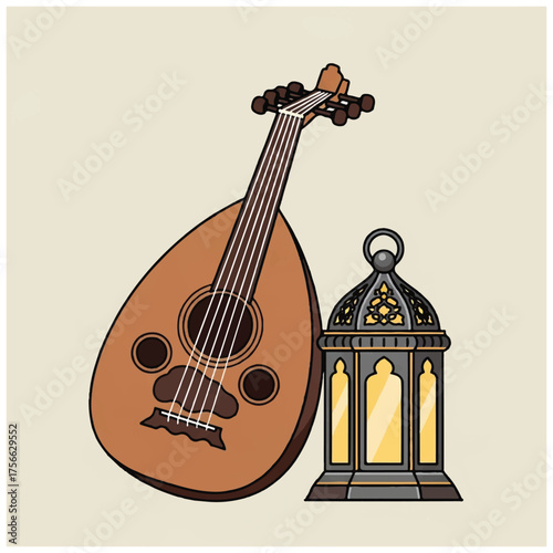 Traditional Oud instrument and Islamic lantern illustration.