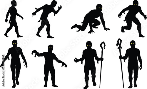 Silhouetted monster figures with glowing eyes, dark fantasy creatures, eerie poses, supernatural beings, horror design, minimal style, mysterious shadow characters