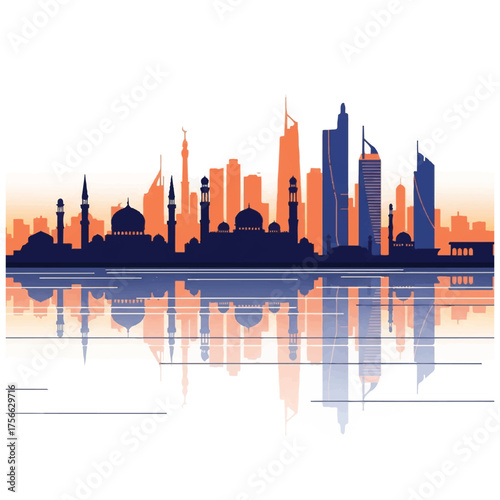 Dubai Cityscape Silhouette with Reflection in Water.