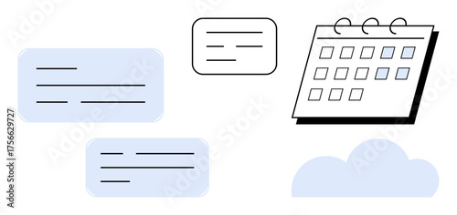 Calendar with marked events, blue note cards, and cloud icon representing organization, planning, reminders, productivity, teamwork, cloud storage, and time management in a simple flat metaphor