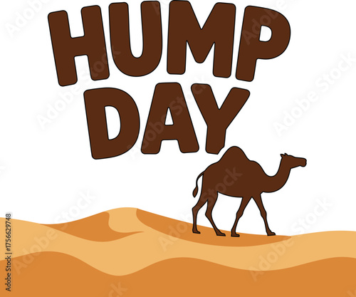 Hump day camel walking across desert dunes under bright warm sunlight