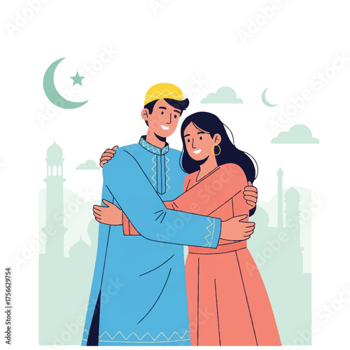 Muslim couple embracing with love and joy during Eid celebration.