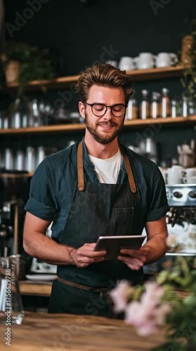 Handsome Caucasian Coffee Shop Owner is Working on Tablet Computer and Checking Inventory in Cozy Loft-Style Cafe. Successful Restaurant Manager and Barista at Work Behind Counter