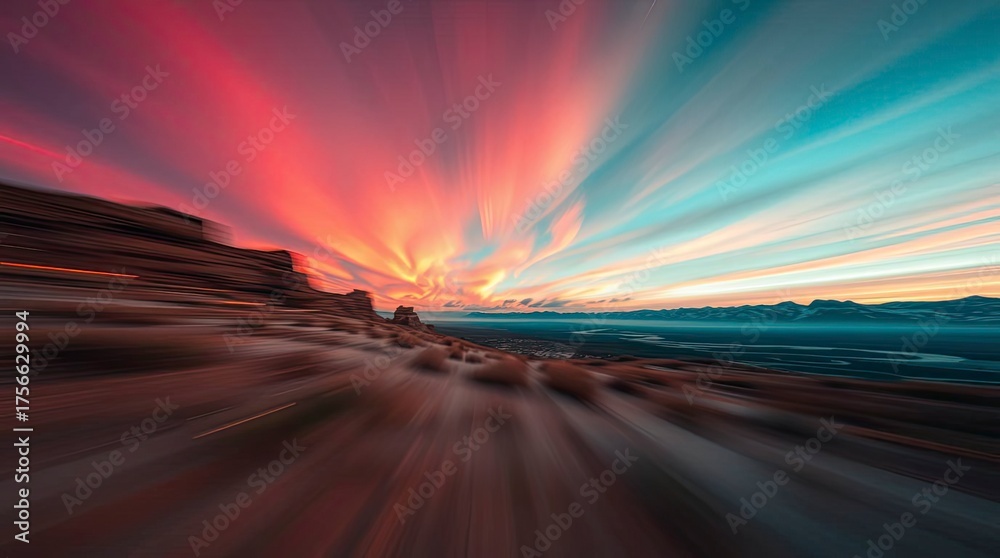 Naklejka premium A composition in warm terracotta and cool teal, depicting a beautiful aurora view in dynamic motion with blurred lines and action poses