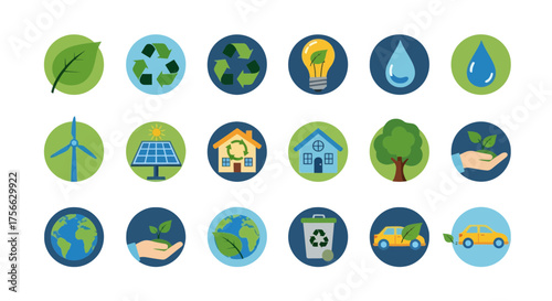 Vector  collection of environmental icons including leaf, recycle, lightbulb, water drop and more in circles