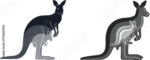 Stylized Grayscale Layered Kangaroo and Joey Vector Artwork
