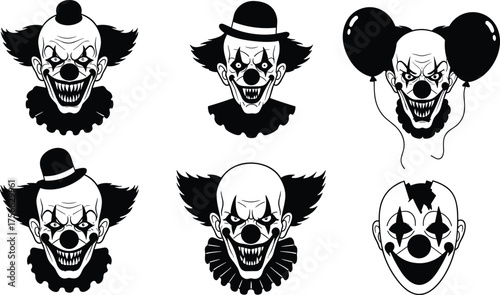 Sinister clown face illustrations, horror character design, creepy expressions, black and white style, scary makeup, eerie mask art, dark fantasy theme