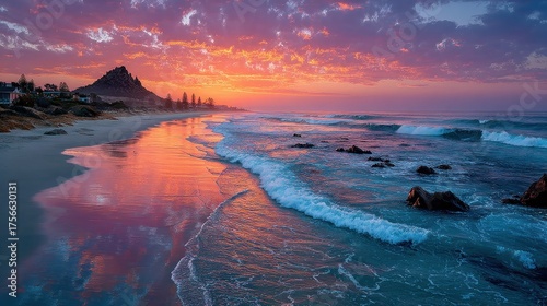 Stunning coastal sunset reflecting on the tranquil beach