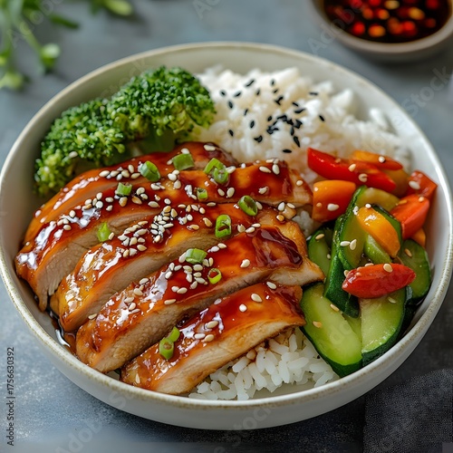 Delicious teriyaki chicken breast sliced and served on fluffy rice with fresh steamed broccoli, colorful sautéed vegetables, and sesame seeds for healthy Asian inspired lunch bowl