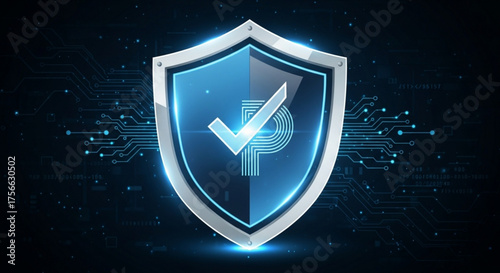 Digital security concept showing a shield with a checkmark on a dark blue background, representing data protection, cybersecurity, and online safety measures