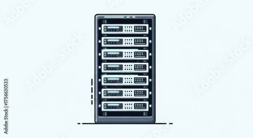 Server rack with multiple servers data center equipment for hosting and cloud computing network infrastructure with hardware and software