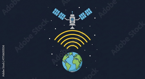 Satellite communication with earth isolated on dark background space technology and global network artificial satellite orbiting the earth vector illustration