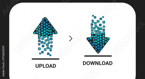 Illustration of upload and download arrows with pixelated effect, representing data transfer, file sharing, and internet activity