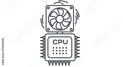Illustration of a cpu with a fan, representing computer hardware, processing power, and cooling systems for electronics