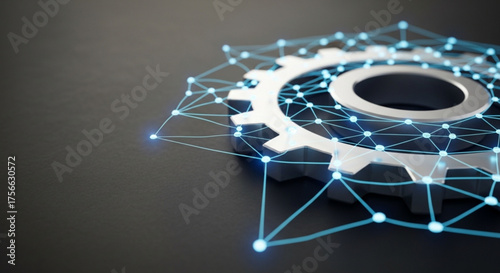 Closeup of a gear with a connected network on a dark surface, representing technology, engineering, and digital solutions for business and industry