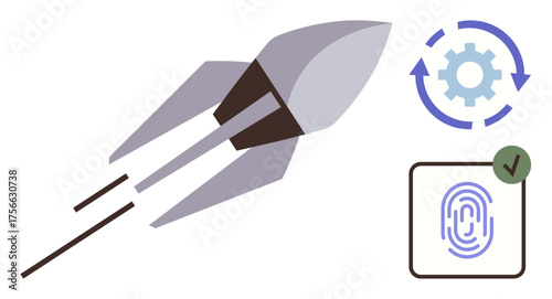 Rocket launch symbolizing progress, circular gear for process automation, fingerprint recognition for secure access. Ideal for technology, innovation, automation, security, startups, digital