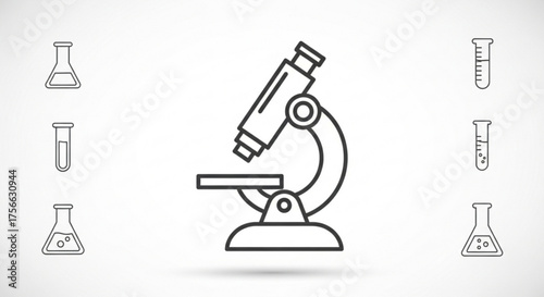 Microscope and laboratory glassware, a symbol of scientific research and discovery in biology, chemistry, and medicine
