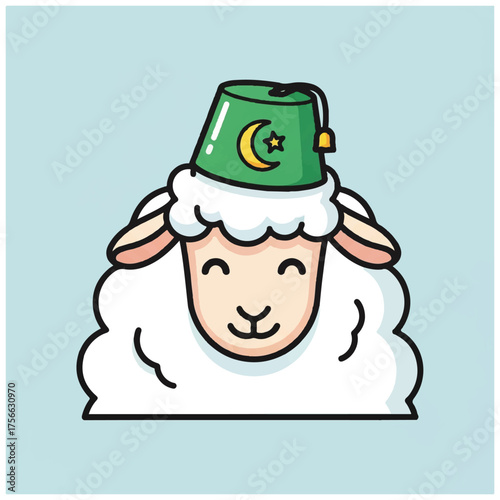 Eid alAdha Sheep with Fez Hat Cartoon Illustration.