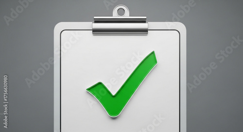 Green check mark on clipboard represents task completion, approval, and verification in business and project management scenarios