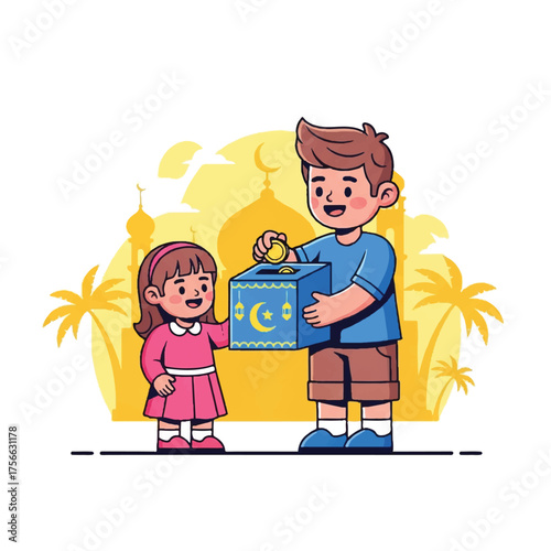 Young boy and girl collecting charity donations together.