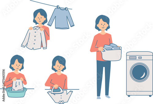 洗濯する女性のイラストセット